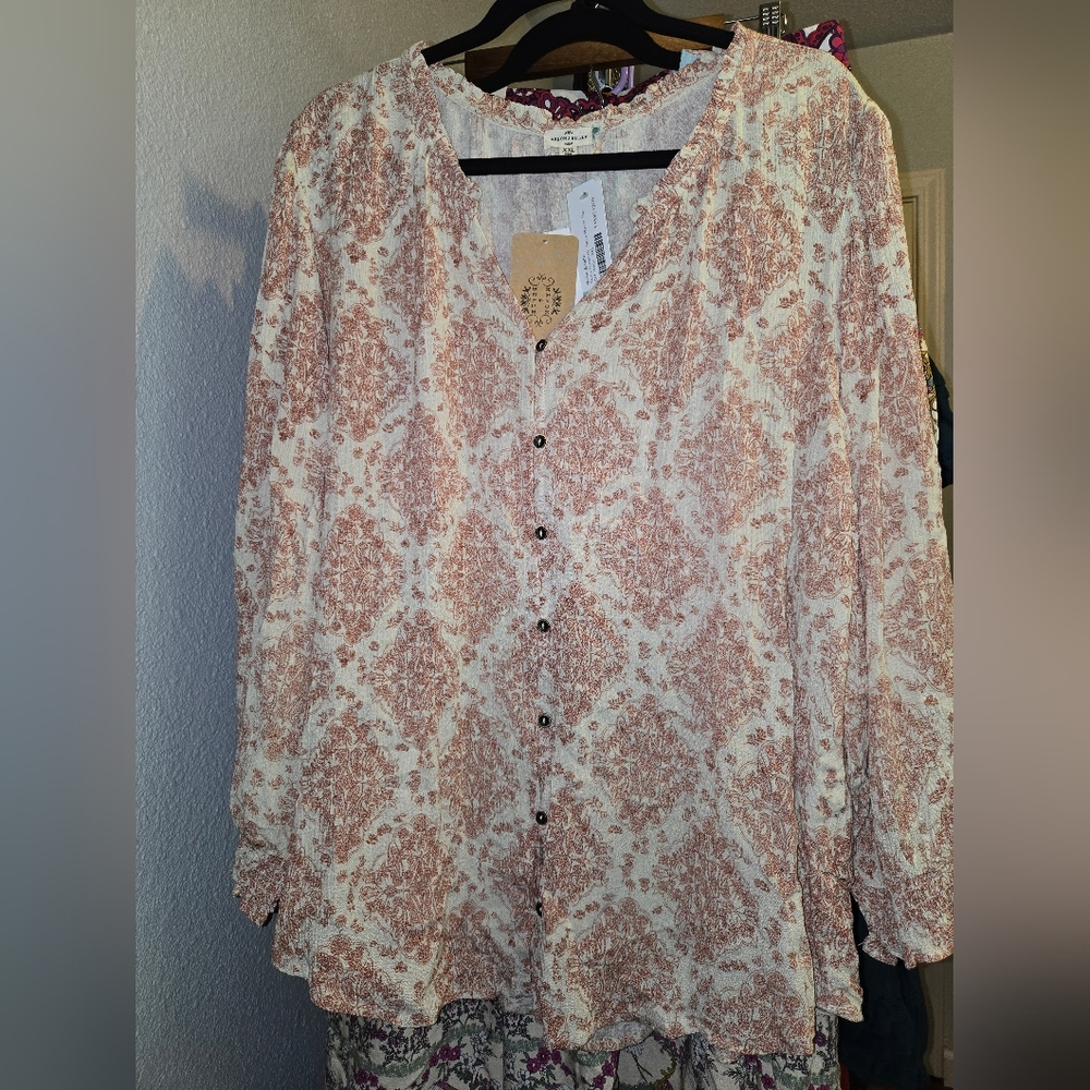 Floral Button-Up Blouse - Cream and Rust